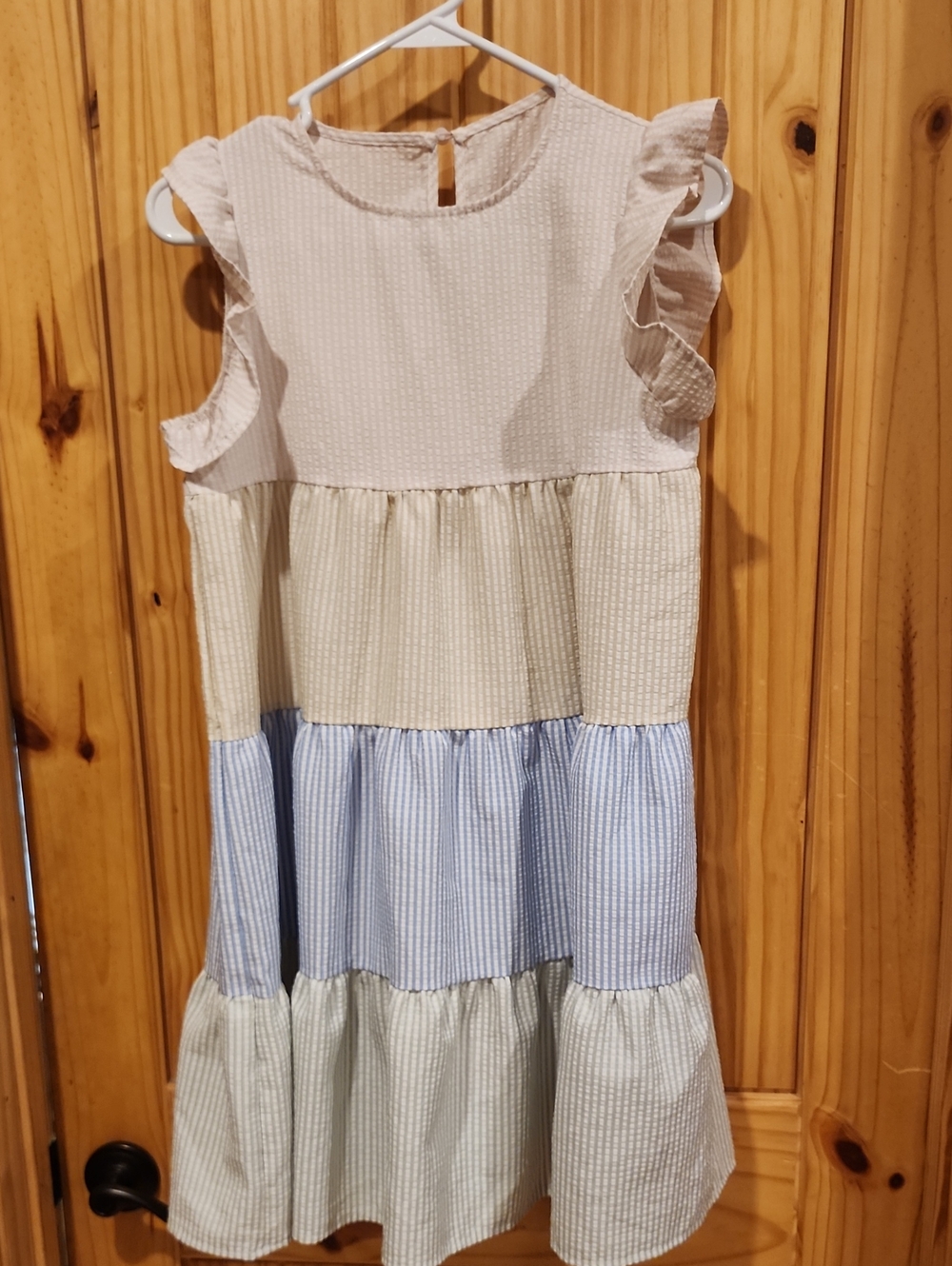 Tiered Ruffle Sleeve Dress in Cream, Light Green & Blue